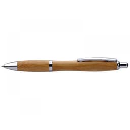 A bamboo pen with a sleek silver clip and tip, featuring a smooth wooden finish.