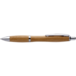 A bamboo pen with a silver clip and accents, featuring a smooth wooden finish.