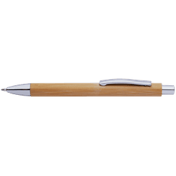 A bamboo pen with a chrome clip and tip, showcasing a natural wooden finish.