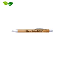 A bamboo pen with a silver clip and accents, featuring engraved text and a logo.