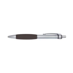 A silver and black pen with a smooth finish and a clip for easy attachment. Features a logo on the body.