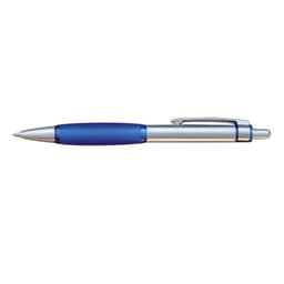 A silver pen with a blue grip and a blue transparent section, featuring a clip and a silver nib.