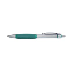 A silver pen with a turquoise grip and a clip, featuring a logo on the body.