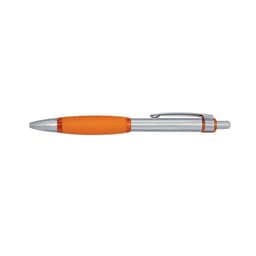 An orange and silver pen with a smooth finish and a clip. The pen features an ergonomic grip.