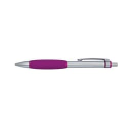 A purple and silver pen with a rubber grip and a clip for easy attachment. It features a logo on the side.