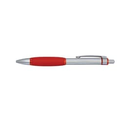 A silver pen with a red rubber grip and a clip, featuring a logo on the barrel.