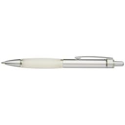 A silver and white pen with a sleek design and a clip on the side. The pen features a smooth barrel for writing.