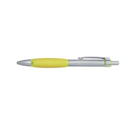 A yellow and silver pen with a sleek design featuring a metallic clip and grip section.