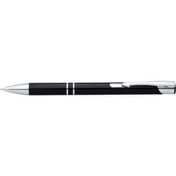 A shiny black pen with chrome accents and a sleek design, featuring a clip for easy attachment.