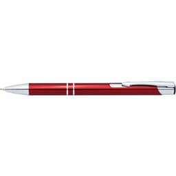 A shiny red pen with silver accents and a clip, featuring a sleek design and a branding logo.