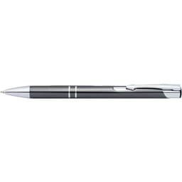A shiny black pen with chrome detailing and a clip, featuring a smooth, sleek design.