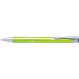 A shiny green pen with chrome accents and a clip, featuring a sleek design.
