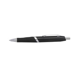 A black pen with a silver clip and accents, featuring a sleek, modern design. It has a logo on the side.