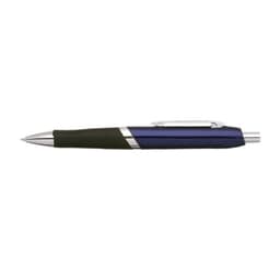 A blue and black pen with a shiny silver tip and a clip on the side, featuring a logo.