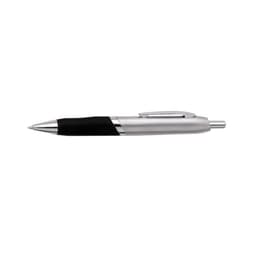 A silver and black pen with a sleek design and a smooth grip, featuring a branding logo.