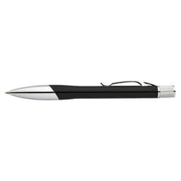 A sleek black and silver pen with a metallic clip and textured grip. It features a branding logo.