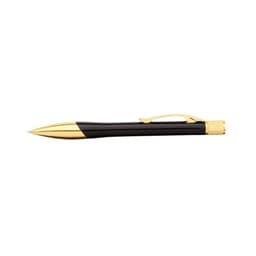 A black and gold pen featuring a sleek design and a clip, with a gold end cap. It has branding on the surface.