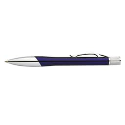 A pen with a sleek design featuring a blue body and silver accents. It has a clip and a shiny finish.