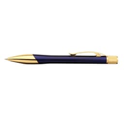 A blue and gold pen featuring a sleek design and a clip for convenience. It has a branding logo.