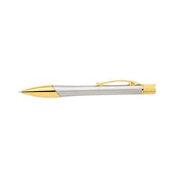 A silver pen with a gold clip and detailing, featuring a sleek, modern design. It includes a logo on the side.