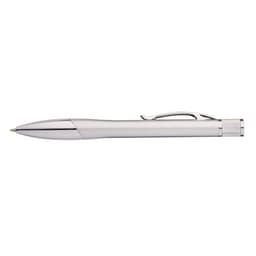 A silver pen with a sleek design and a clip. It features a shiny finish and a textured grip.