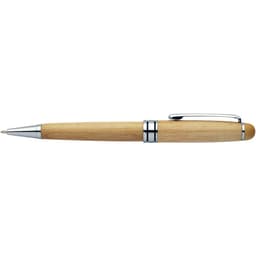 A wooden pen with a light wood finish, metal accents, and a clip, featuring a sleek and modern design.