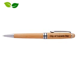 A wooden pen featuring a natural finish with silver accents and a logo on the side.