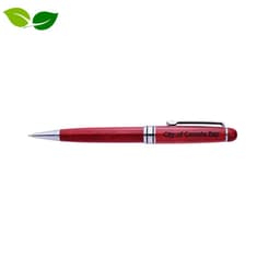 A red wooden pen with chrome accents and a branding logo on the barrel.