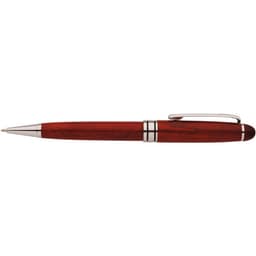 A wooden pen in a rich reddish-brown finish with silver accents and a clip. The pen has a sleek and elegant design.