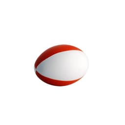 A rugby ball featuring red and white panels with a smooth finish and a logo.