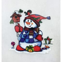 A cheerful snowman in a festive hat holds a birdhouse, surrounded by gifts and candy on snowy ground.