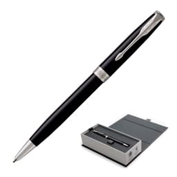 A metal ballpoint pen in lacquer black with silver accents, displayed in a gift box.