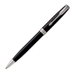 A metal ballpoint pen in black lacquer with a silver clip and detailing. Features a brand logo.
