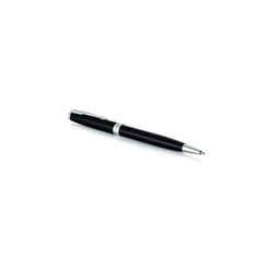 A black ballpoint pen with silver accents, featuring a logo and a sleek, polished design.