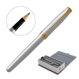 A metal rollerball pen featuring a brushed stainless body with gold accents, presented in a grey box.