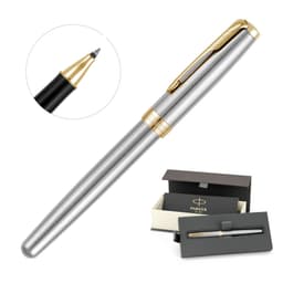 A metal rollerball pen in brushed stainless steel with a gold clip, displayed in a box with branding.