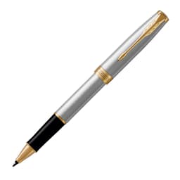 A metal rollerball pen in brushed stainless steel with gold accents. The pen features a logo on its body.