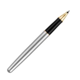 A metal rollerball pen featuring a brushed stainless steel body, black grip section, and gold accents.