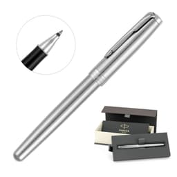 A brushed stainless steel rollerball pen with a black tip, presented in a branded box.