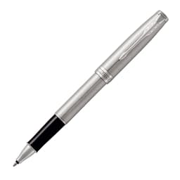 A metal rollerball pen in brushed stainless steel, featuring a sleek design and a black writing tip.