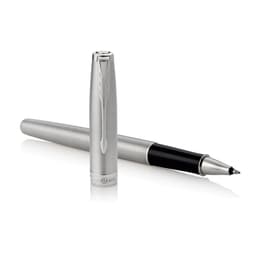 A brushed stainless steel rollerball pen from Parker, featuring a sleek design and a black writing tip.