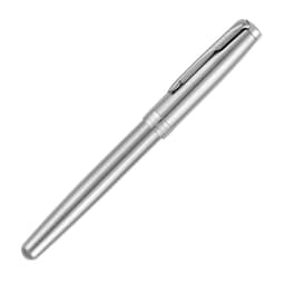 A rollerball pen in brushed stainless steel with a sleek, polished finish and a clip. Features a branding logo.