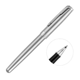 A metal rollerball pen in brushed stainless steel with a sleek design and a black tip. Features a branding logo.