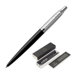 A black metal ballpoint pen with a silver clip, presented in a sleek black box.
