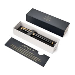 A black lacquer rollerball pen housed in a sleek, branded box with a gold accent.