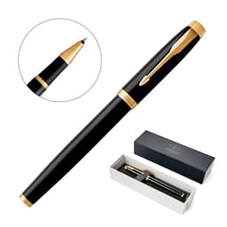 A metal rollerball pen in lacquer black with gold accents, displayed in a gift box. Features a branding logo.