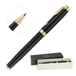 A rollerball pen in lacquer black with gold trim, displayed in a box with a logo.