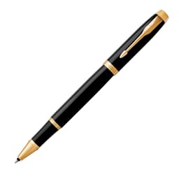 A rollerball pen in lacquer black with gold trim and a decorative clip, featuring a logo.
