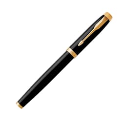 A metal rollerball pen in lacquer black with gold trim and a decorative clip. It features a logo on the body.