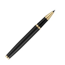 A metal rollerball pen in black lacquer with gold accents and a branding logo.